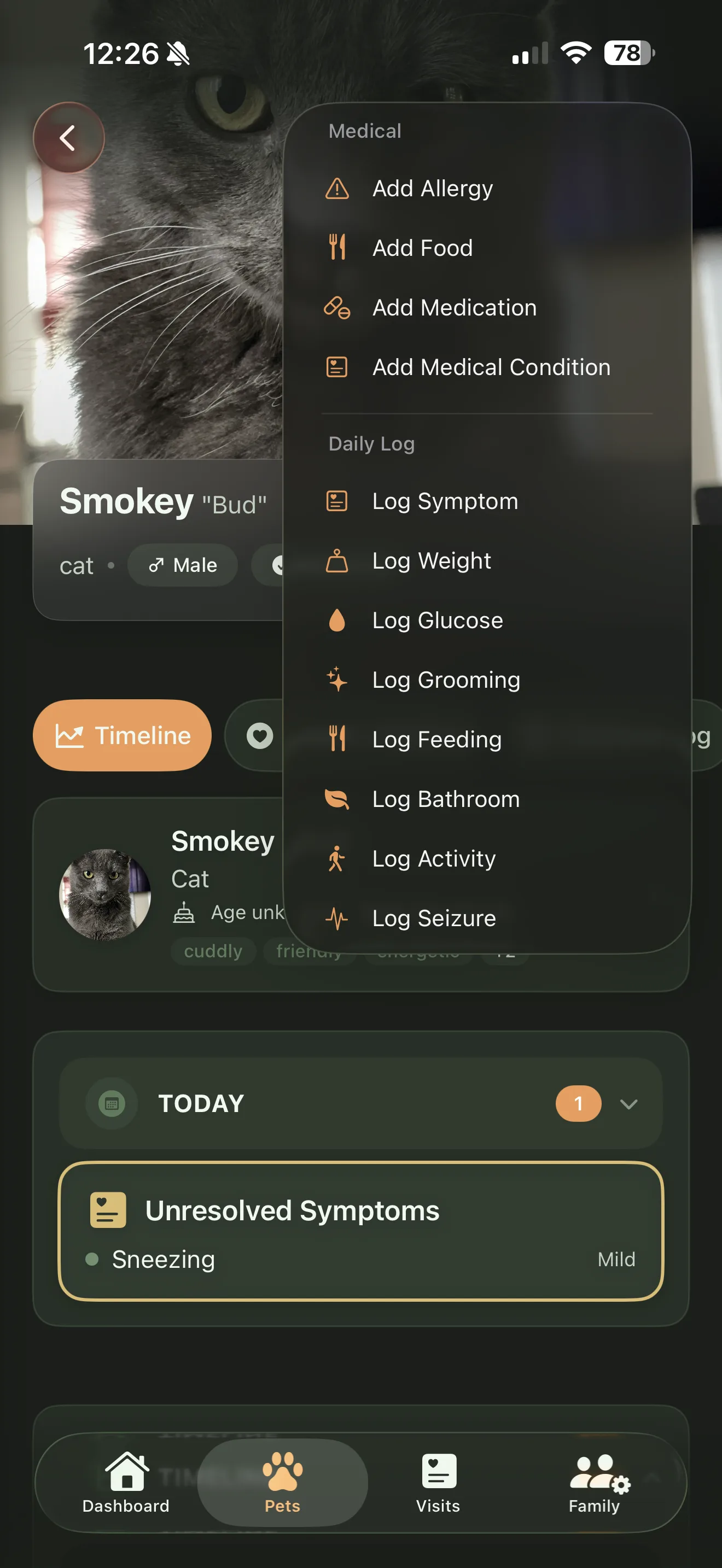 Everkin pet tracking menu showing the Log Seizure action