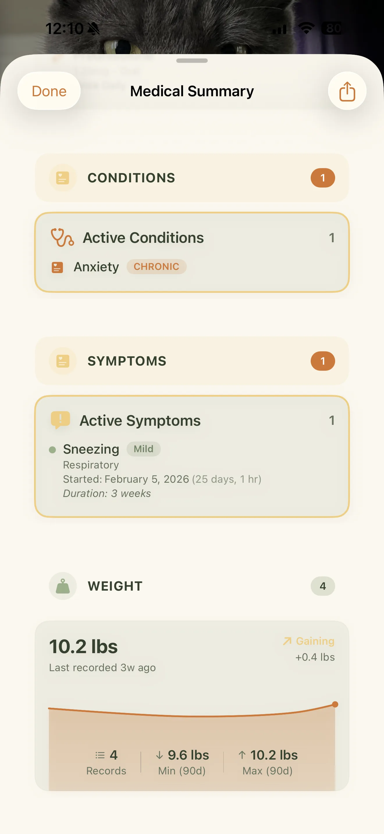 Everkin one-tap medical summary, ready for a vet visit