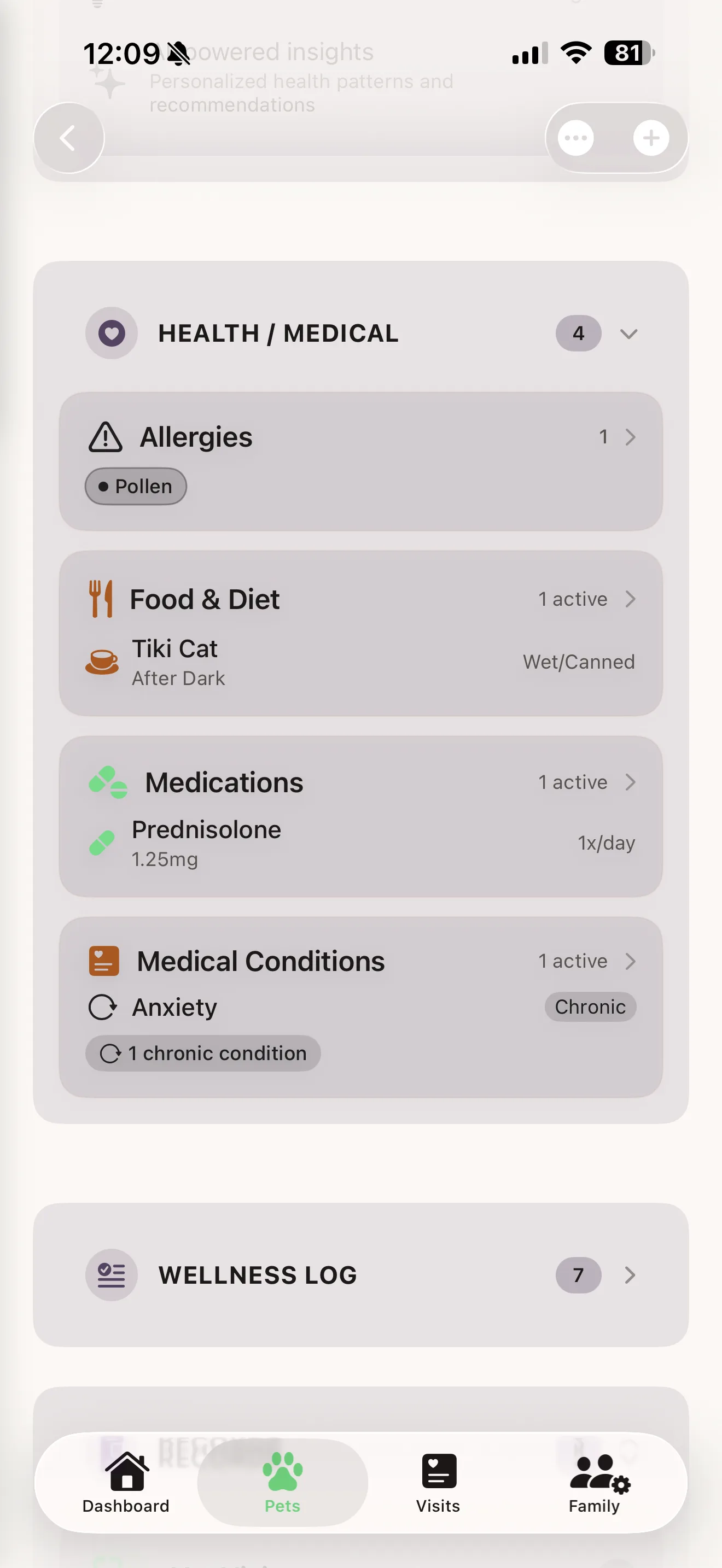 Pet profile medical view in Everkin