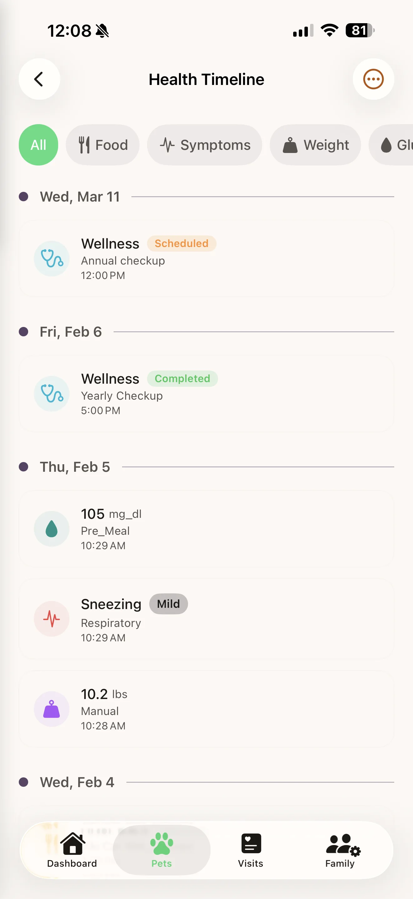 Everkin health timeline combining glucose, weight, and medications in one view