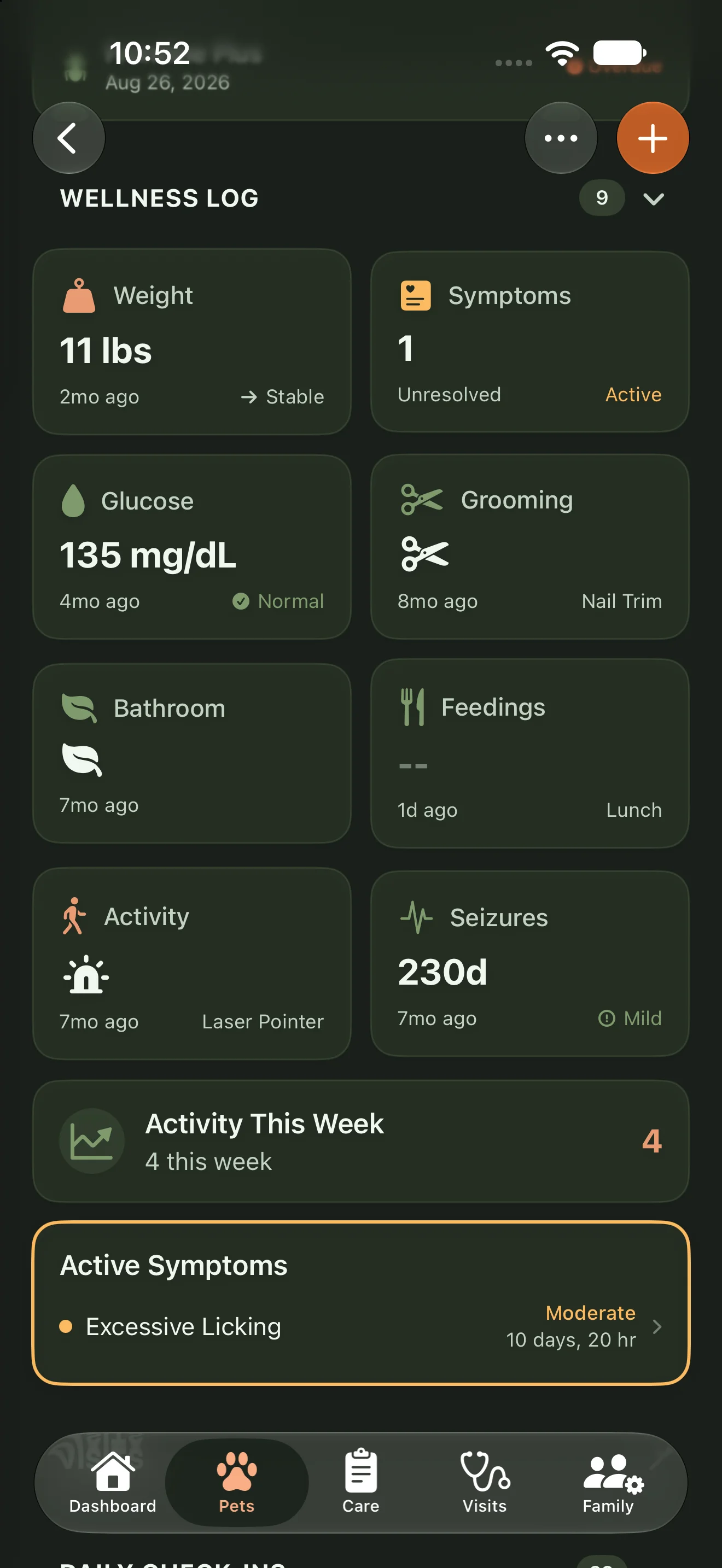 Smokey's wellness log in Everkin with weight, glucose, grooming, and an active symptom