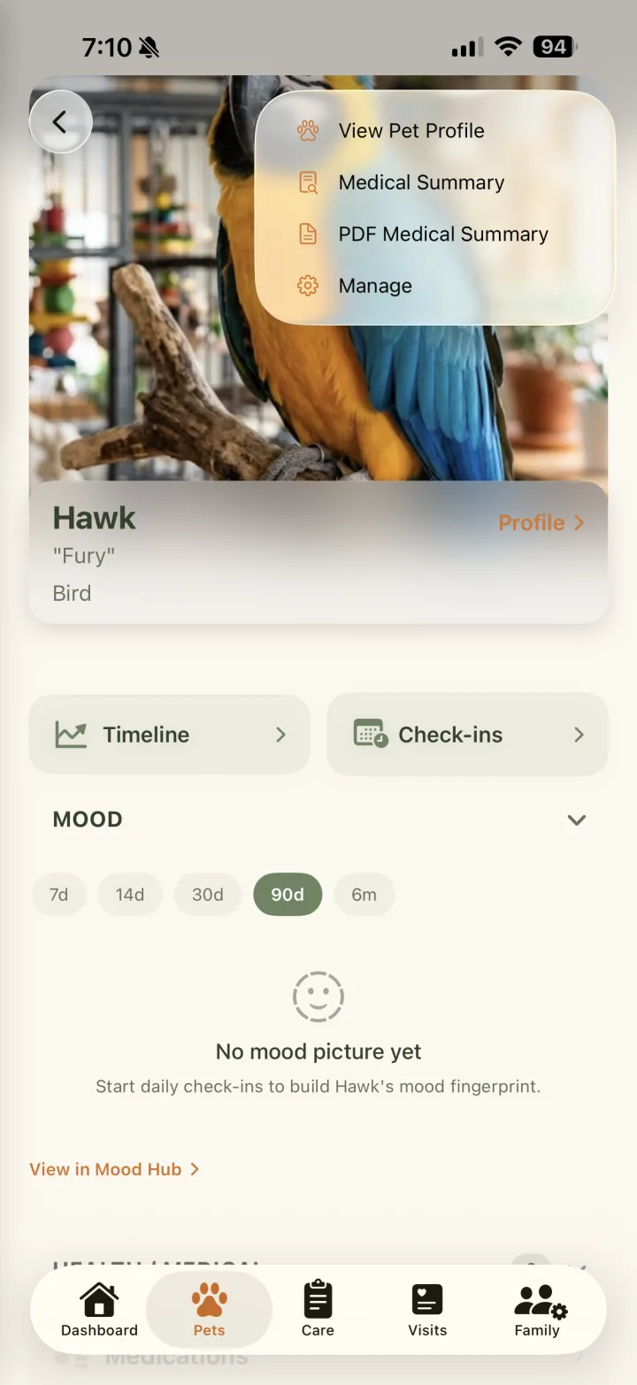 Hawk's pet page with the profile menu open and Manage visible