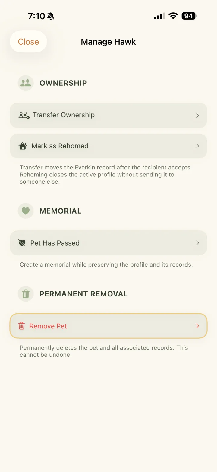 Manage Hawk screen with Transfer Ownership in the Ownership section