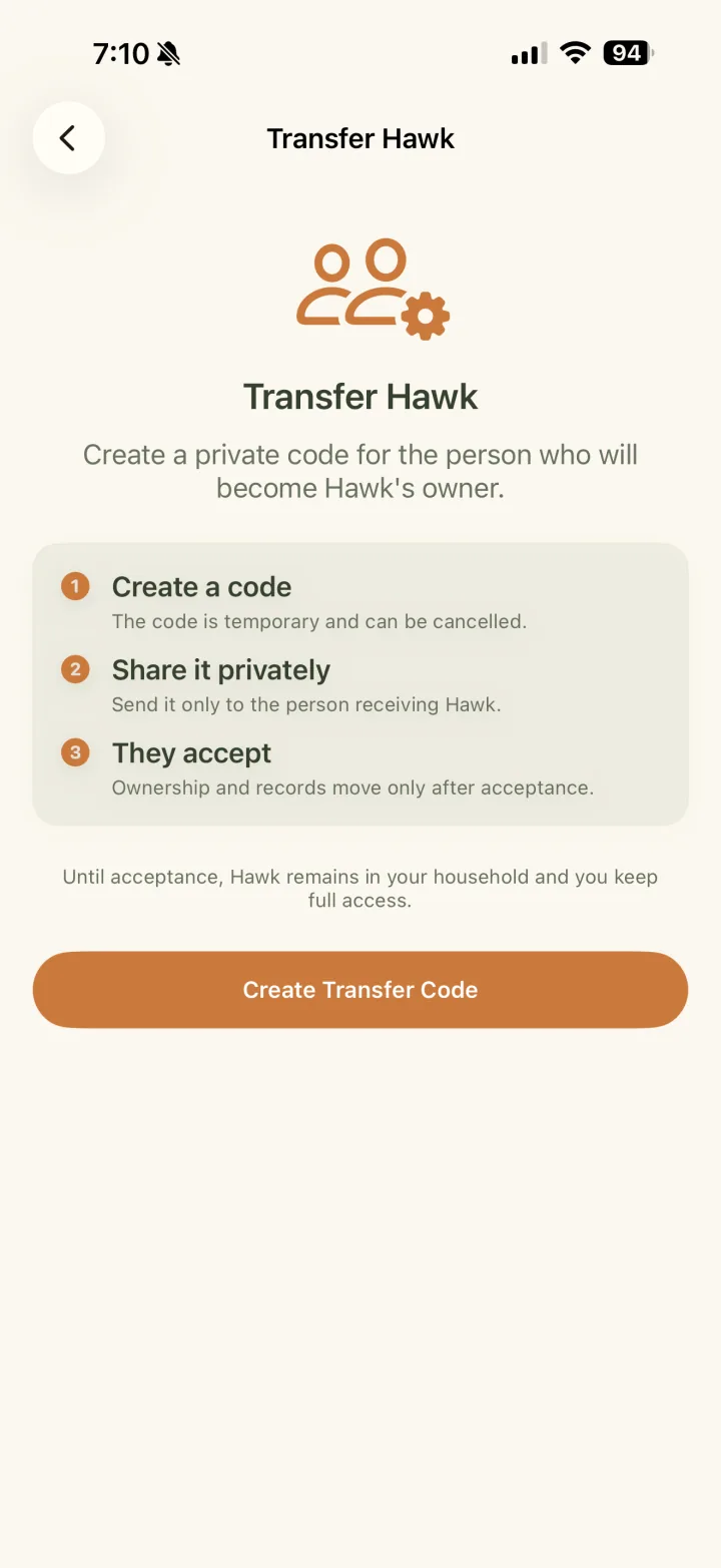 Transfer Hawk screen explaining the three-part ownership handoff