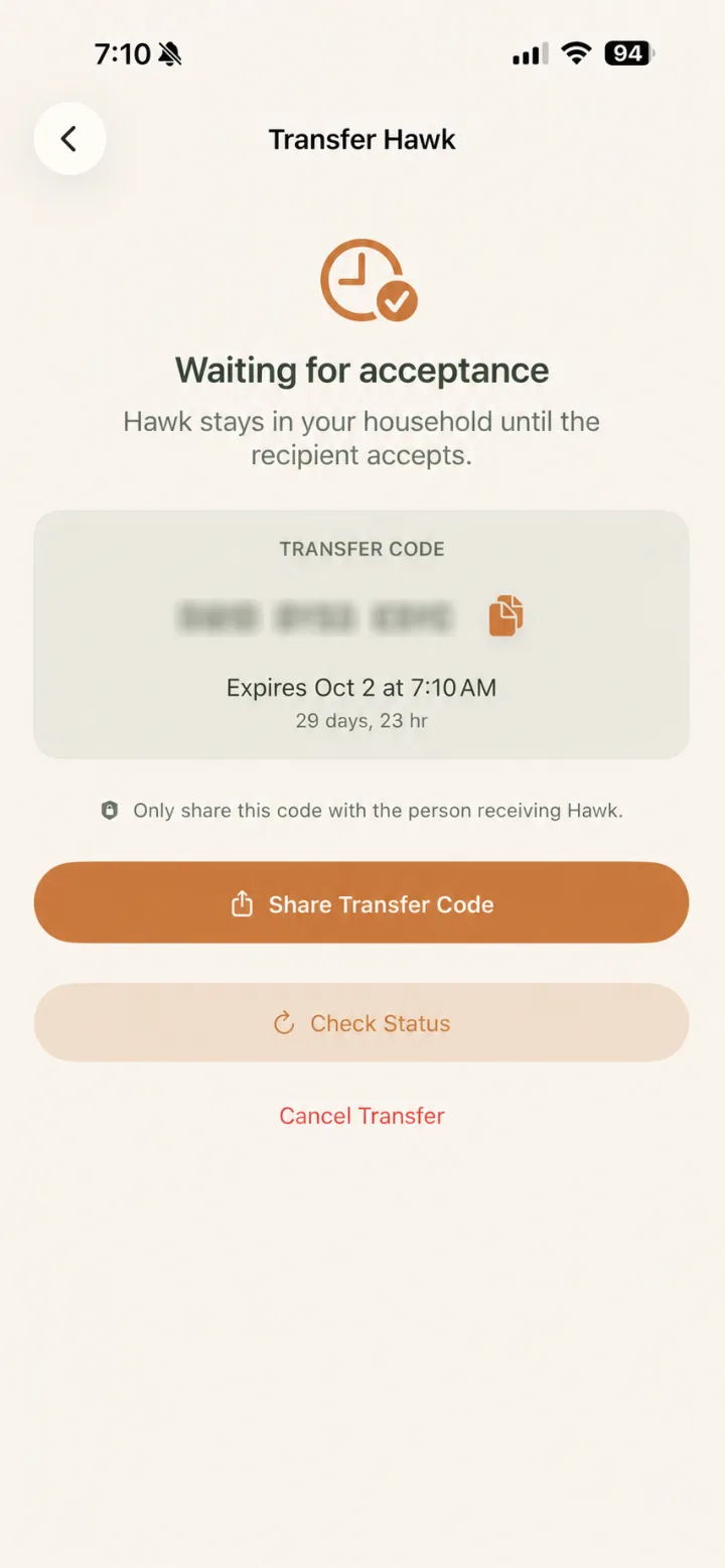 Current owner's pending transfer with the private code redacted