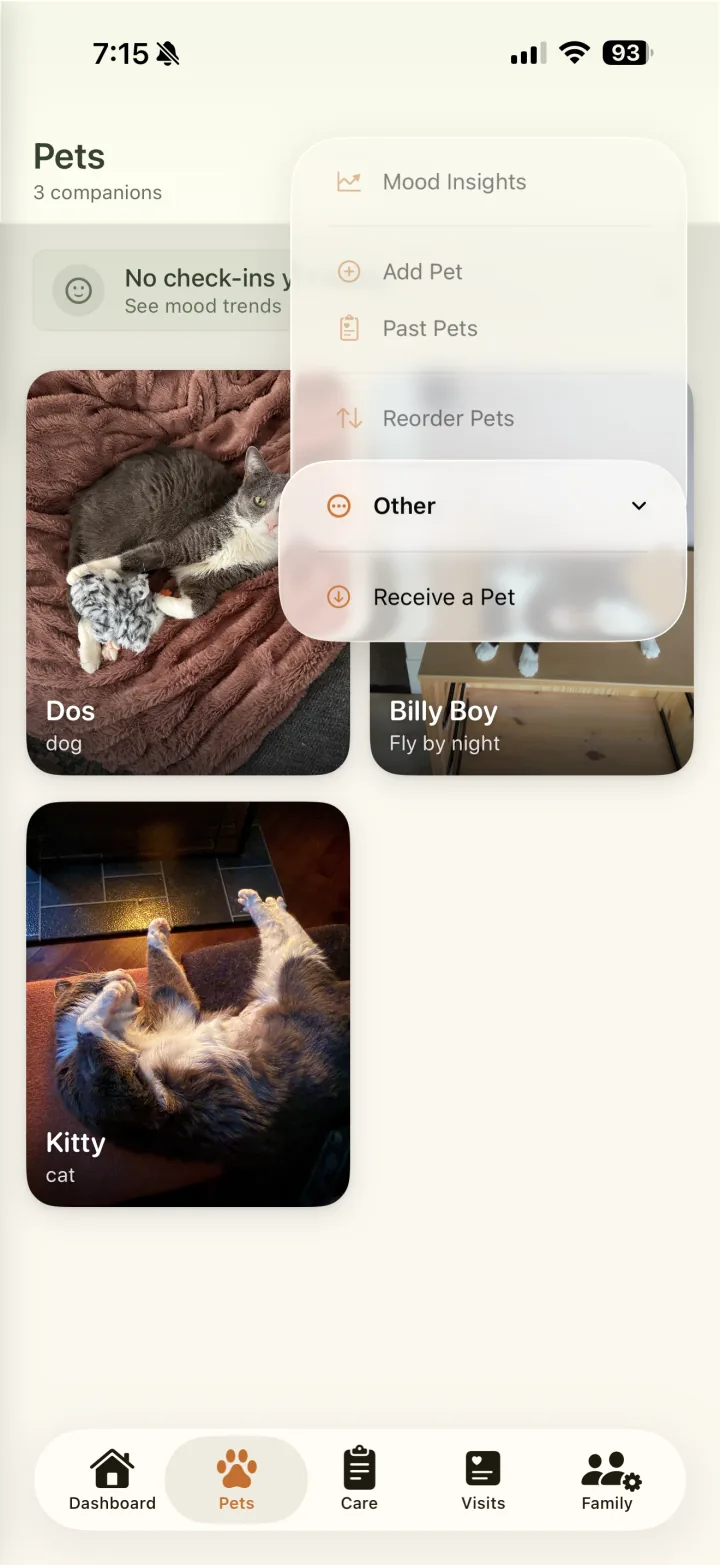 Pets menu with Other expanded and Receive a Pet visible