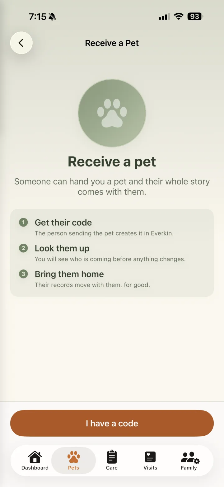 Receive a Pet introduction with the I have a code button