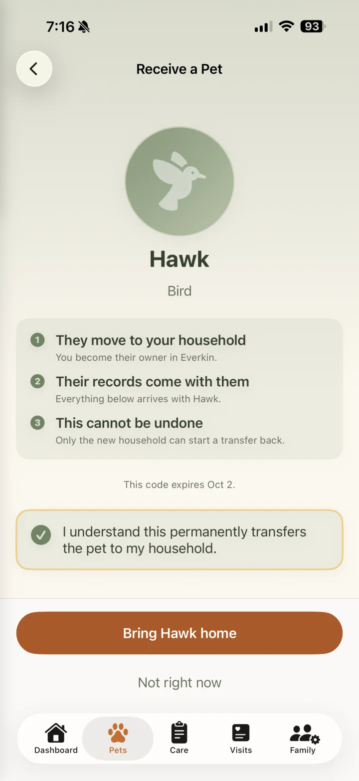 Hawk transfer preview with permanent-transfer acknowledgment selected