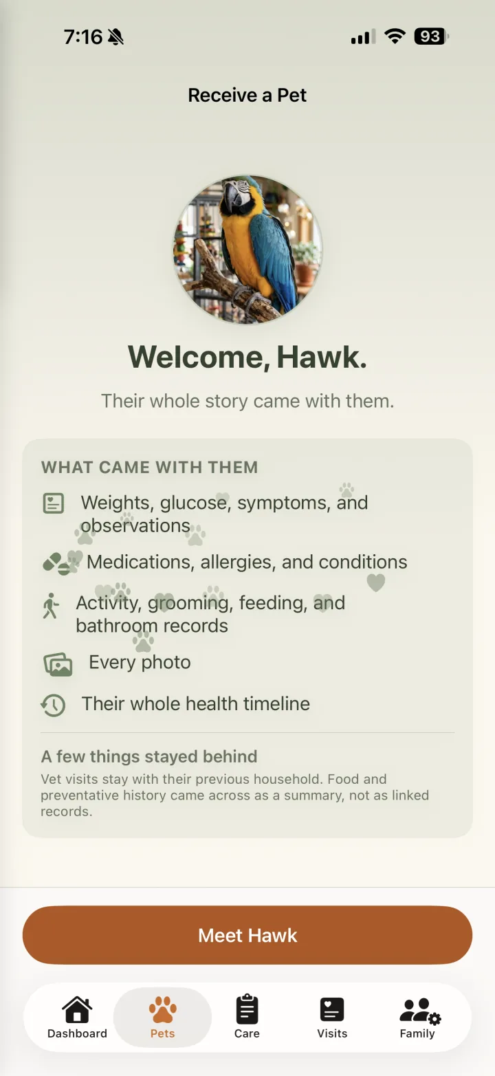 New owner's welcome screen after Hawk's transfer completes