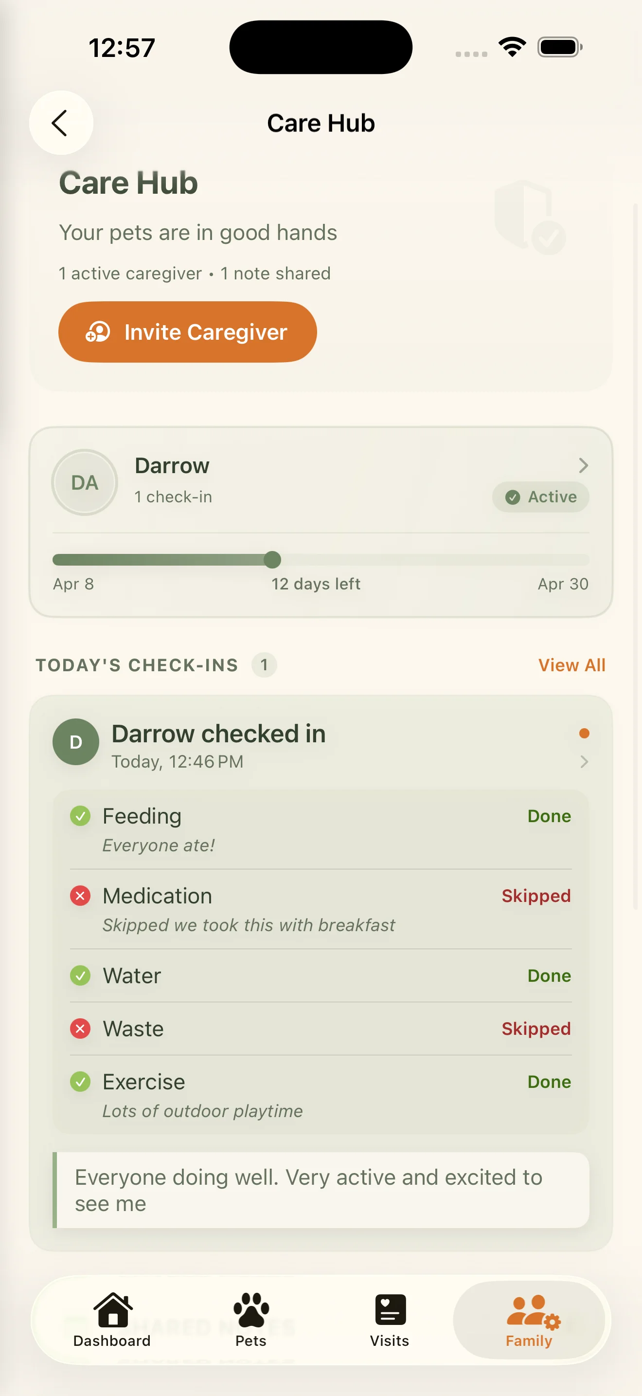 Everkin Care Hub showing caregiver access controls