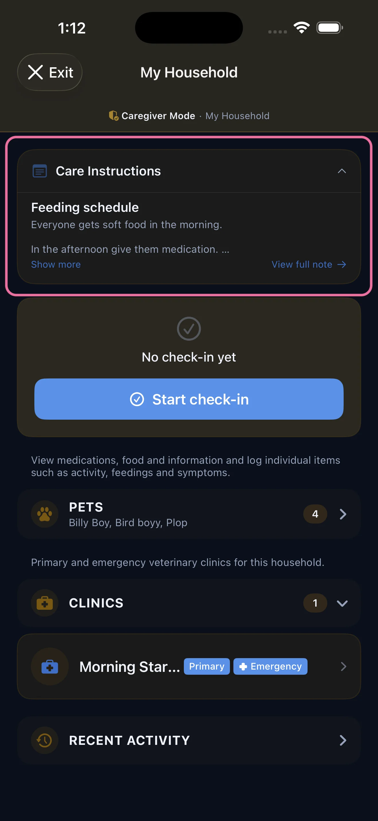 Everkin shared notes list showing pinned caregiver instructions
