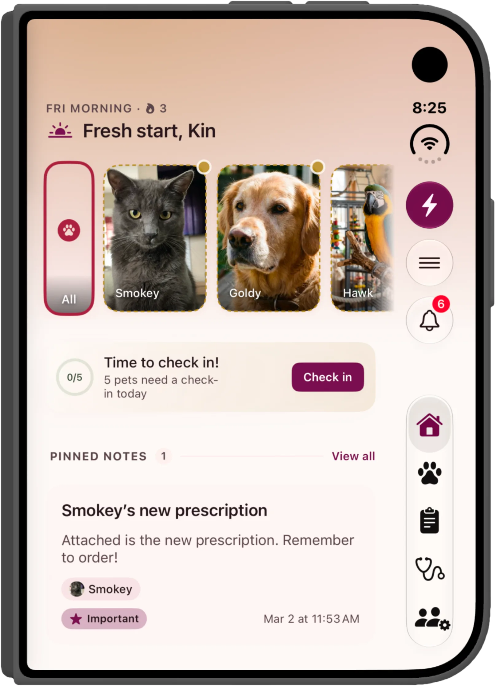 Everkin's dashboard on the folded iPhone Duo in the light Burgandy theme, blush background with wine-red accents