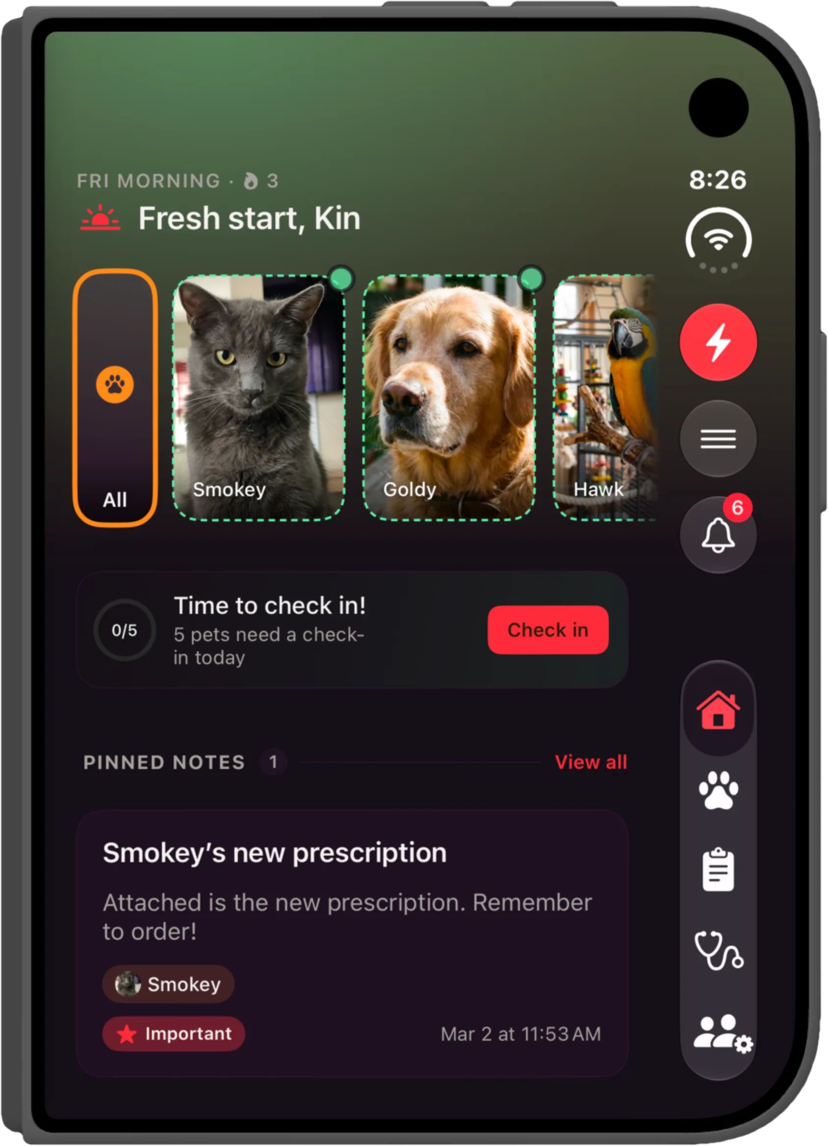 Everkin's dashboard on the folded iPhone Duo in the dark Hallow theme, a green-to-black sky with pumpkin orange and red accents