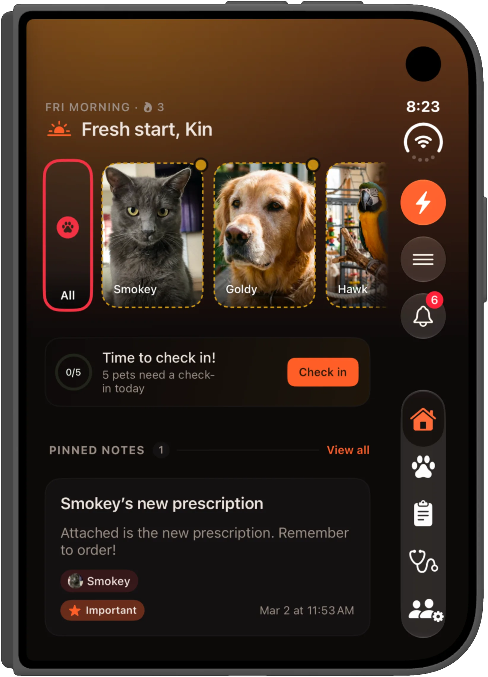 Everkin's dashboard on the folded iPhone Duo in the dark Iron Rain theme, molten orange over an ash-black background