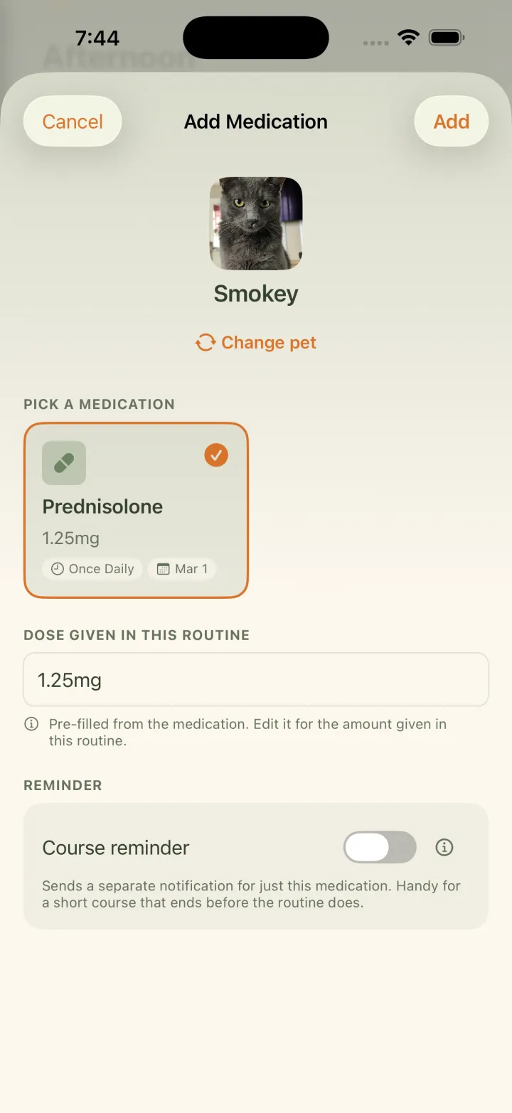Adding a medication to a routine: pick a pet, a medication, and the dose