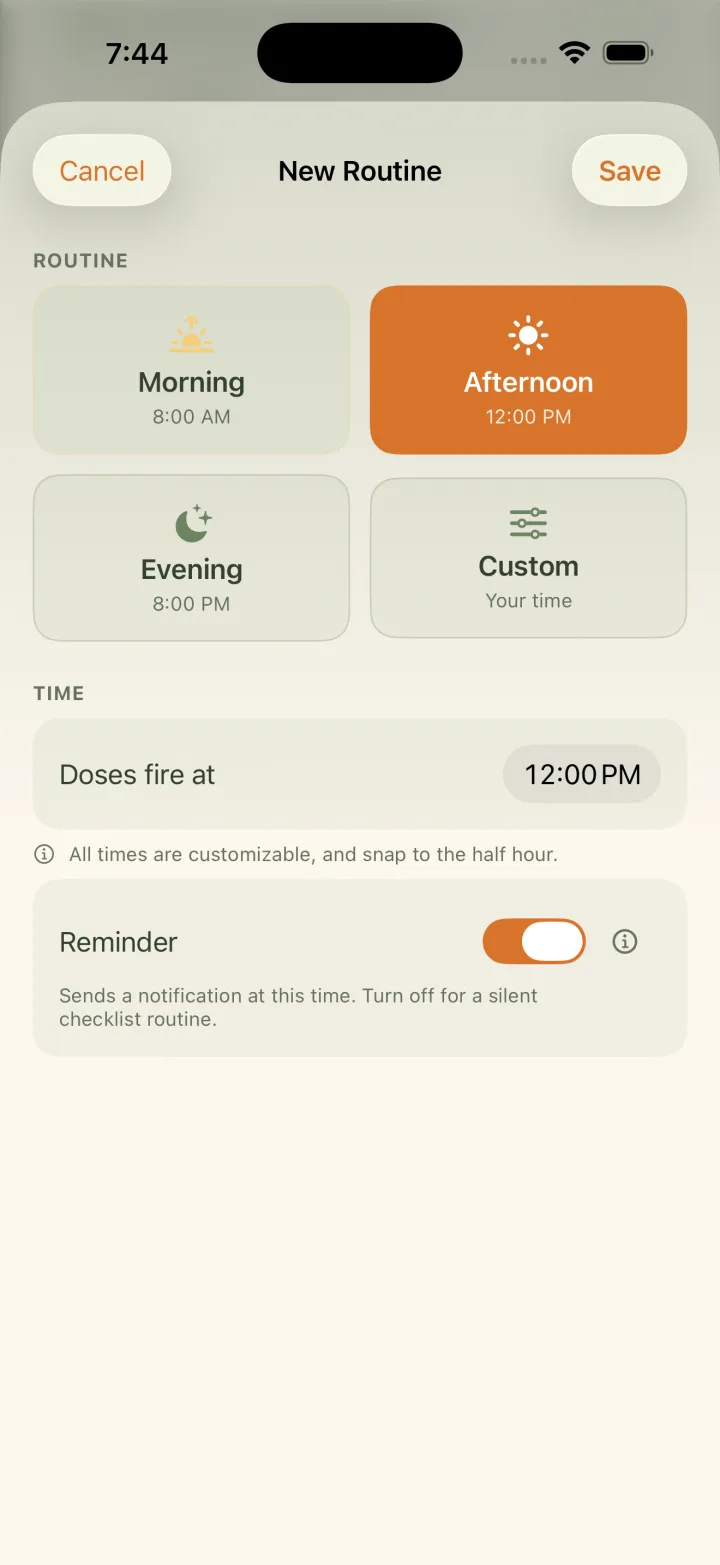 Creating a routine and choosing a Morning, Afternoon, Evening, or Custom time