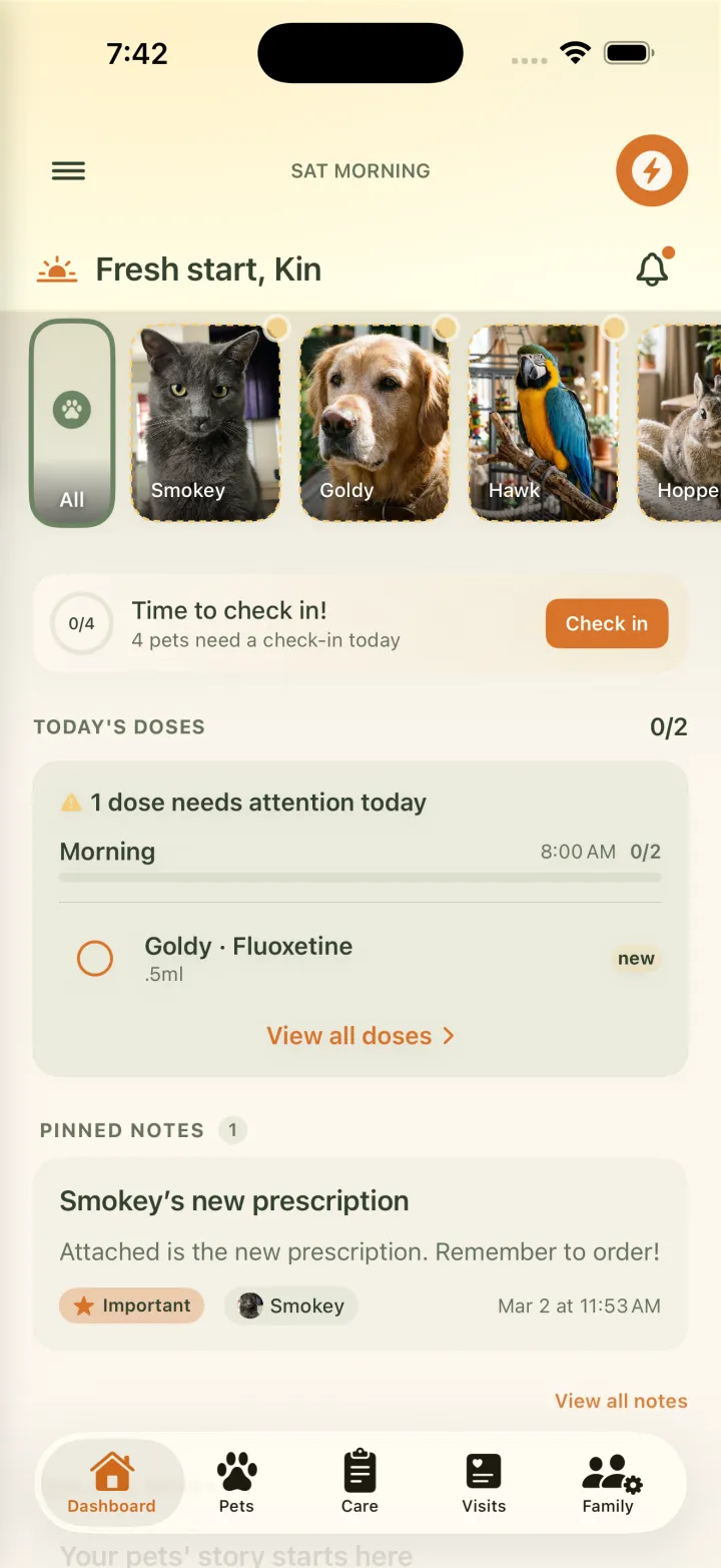 Everkin dashboard with the Today's doses card for each pet