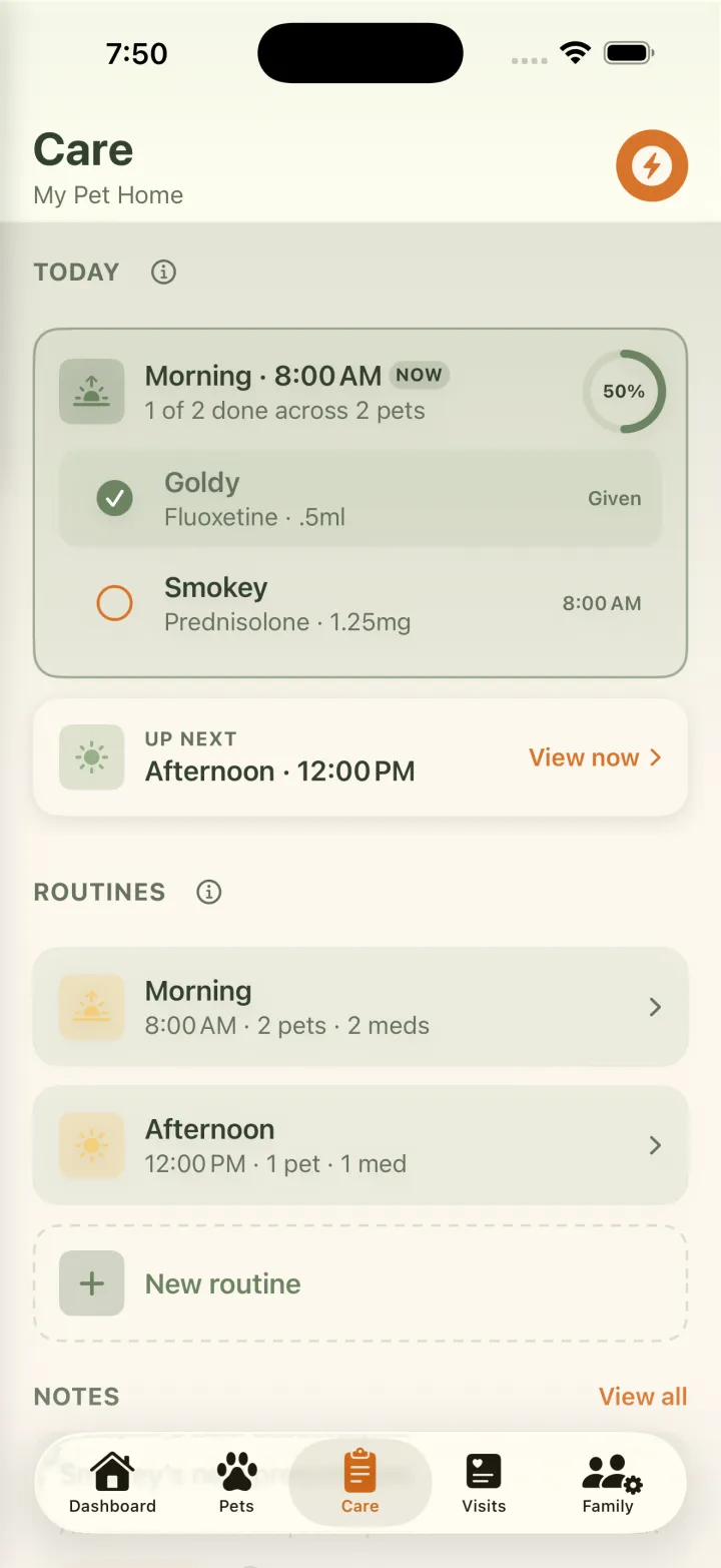 Today's doses checklist with a progress ring and a dose marked Given